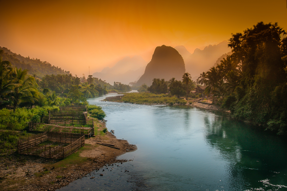 Beautiful karst hills landscape along Nam Song river near Vang Vieng in Laos